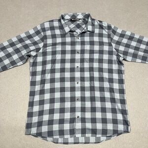 Travis Mathew Shirt Mens Medium Blue Heather Ash Half Moon Bay Check Long Sleeve